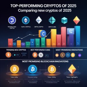 Infographic comparing the latest crypto trends, best-performing coins, and blockchain innovations of 2025