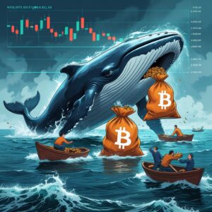 A metaphorical image showing a crypto whale selling off coins and causing panic among smaller investors