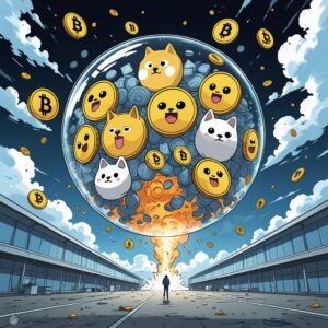 An artistic depiction of meme coins collapsing as the altcoin bubble bursts.