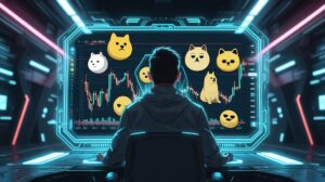 Meme coin millionaire in a futuristic crypto setup