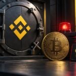 Conceptual Binance Exchange Vault Beside A Bitcoin Coin And Red Security Warning Light