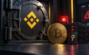 Conceptual Binance Exchange Vault Beside A Bitcoin Coin And Red Security Warning Light