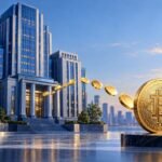Conceptual U.s. Equity Buildings With A Stream Of Coins Leading Toward A Bitcoin Coin