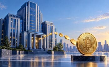 Conceptual U.s. Equity Buildings With A Stream Of Coins Leading Toward A Bitcoin Coin