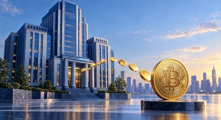 Conceptual U.s. Equity Buildings With A Stream Of Coins Leading Toward A Bitcoin Coin