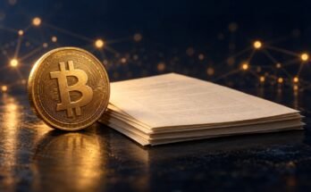 Gold Bitcoin Emblem Beside Manuscript Pages In A Conceptual Bitcoin Whitepaper Illustration.