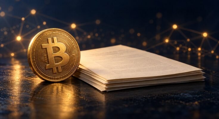 Bitcoin Whitepaper Turns 18: Why October 31 Is Not The Network’s Birthday 1 Gold Bitcoin Emblem Beside Manuscript Pages In A Conceptual Bitcoin Whitepaper Illustration.