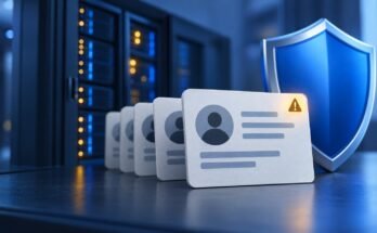 Anonymous Contact Cards Beside An Intact Blue Shield And An Analytics Server