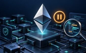 Ethereum Symbol With A Pause Icon And Magnifying Glass, Illustrating The Postponed Glamsterdam Hoodi Test.