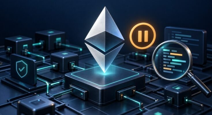 Ethereum Symbol With A Pause Icon And Magnifying Glass, Illustrating The Postponed Glamsterdam Hoodi Test.