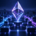 Violet Ethereum Symbol Above Interconnected Blocks In An Illustration Of The Glamsterdam Testnet Upgrade