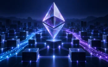 Violet Ethereum Symbol Above Interconnected Blocks In An Illustration Of The Glamsterdam Testnet Upgrade