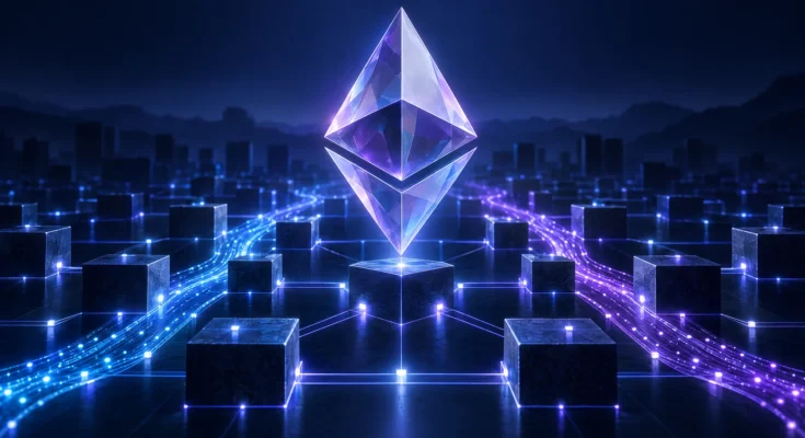 Ethereum Sets October 26 Glamsterdam Test—But Mainnet Has No Date 1 Violet Ethereum Symbol Above Interconnected Blocks In An Illustration Of The Glamsterdam Testnet Upgrade
