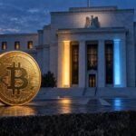 Gold Bitcoin Coin In Front Of A Central-Bank Building Lit In Blue And Amber