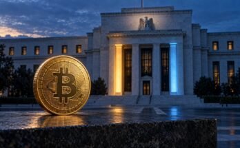 Gold Bitcoin Coin In Front Of A Central-Bank Building Lit In Blue And Amber