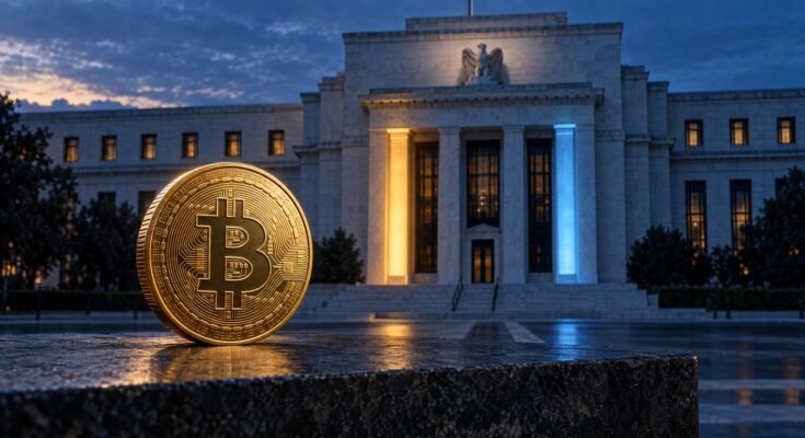 Gold Bitcoin Coin In Front Of A Central-Bank Building Lit In Blue And Amber