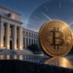 Conceptual Bitcoin Coin In Front Of A Central-Bank Building And A Clock Motif