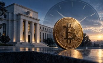Conceptual Bitcoin Coin In Front Of A Central-Bank Building And A Clock Motif