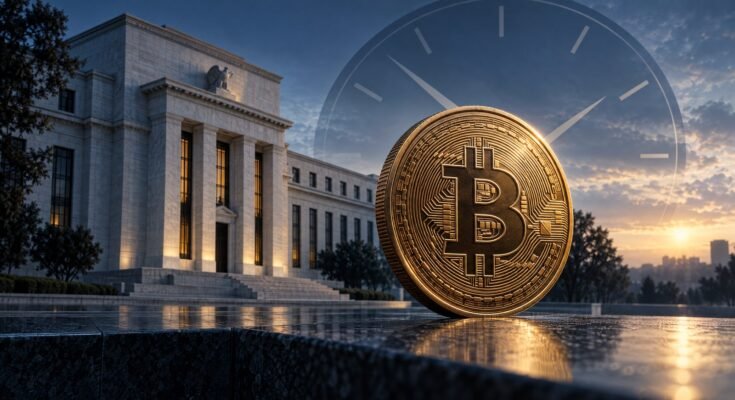 Conceptual Bitcoin Coin In Front Of A Central-Bank Building And A Clock Motif
