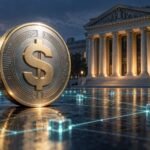 Conceptual Dollar Stablecoin And Bank Building Connected By Digital Ledger Lines