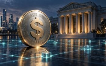 Conceptual Dollar Stablecoin And Bank Building Connected By Digital Ledger Lines