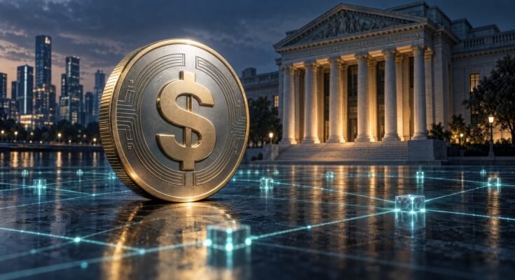 Conceptual Dollar Stablecoin And Bank Building Connected By Digital Ledger Lines