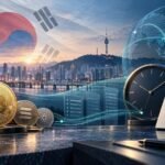 Editorial Illustration Of Seoul, Cryptocurrency Coins And A Clock Representing South Korea’s Proposed Crypto-Tax Delay.