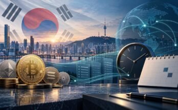 Editorial Illustration Of Seoul, Cryptocurrency Coins And A Clock Representing South Korea’s Proposed Crypto-Tax Delay.