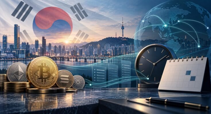 Editorial Illustration Of Seoul, Cryptocurrency Coins And A Clock Representing South Korea’s Proposed Crypto-Tax Delay.